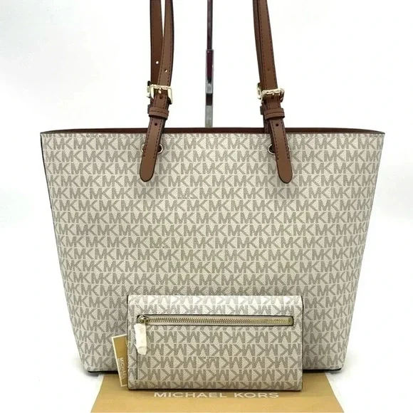 Michael Kors Medium Double Packet Tote Bag & Trifold Wallet Vanilla/Brown